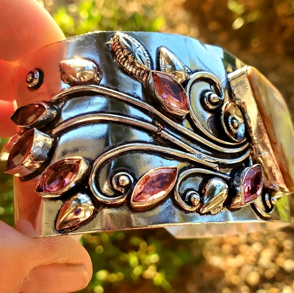 New Mookaite Jasper and Rubellite 925 Silver Cuff Bracelet. - Picture 10 of 16